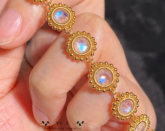 Vintage Gold/Rainbow Moonstone Bracelet.Unique Handmade Gemstone Bracelet.Engagement Bracelet.June Birthstone.Anniversary Birthday Gift
