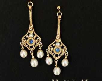 Vintage Rainbow Moonstone/Pearl Chandelier Earrings,Wire Wrapped Gemstone Earrings,Wedding Dress Earrings,June Birthstone,Anniversary Gift
