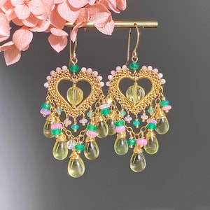 Orecchini a lampadario in quarzo limone fatti a mano, opale rosa, riempiti in oro 14 carati