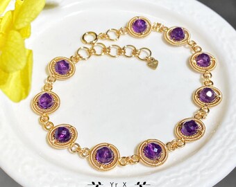 Vintage Gold/Rich Amethyst Bracelet,Unique Handmade Gemstone Bracelet,Classic Amethyst Bracelet,February Bithstone,Anniversary Brithday Gift