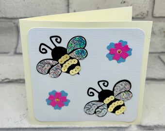 Blank Bee card, cute bee card for friend, bee card, blank for any occasion, handmade sequin bee card for ftiend