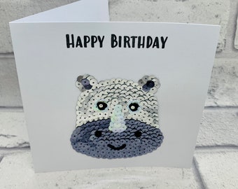 Custom Happy Birthday rhino card for child, personalised rhinoceros birthday card for her, for mum, for daughter, for sister, for friend