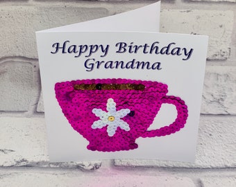 Personalised cup of tea birthday card for grandma, custom birthday card for mum, tea cup card for Nan, for her, for neighbour, tea lover