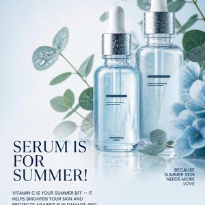May include: Two clear glass dropper bottles containing a light blue liquid, each topped with a white dropper cap. The text reads: SERUM IS FOR SUMMER! BECAUSE SUMMER SKIN NEEDS MORE LOVE. VITAMIN C IS YOUR SUMMER BFF - IT HELPS BRIGHTEN YOUR SKIN.