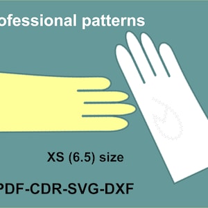 May include: Two glove patterns, one yellow and one white, with a flame design on the white glove. The text "XS (6.5) size" and "PDF-CDR-SVG-DXF" are below the gloves.
