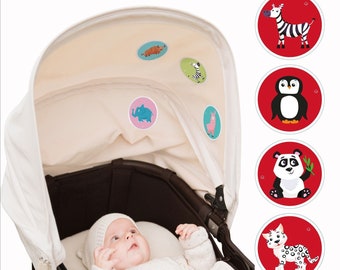 6x Kontrast. Julies Babysticker -ORIGINAL. Babys Lieblingsfarben. Beruhigende Aufkleber für Kinderwagen, Kindersitz oder Babybett. Textil