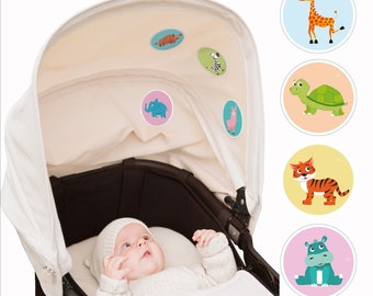 6 St. Tiere Nr2 - ORIGINAL, Beruhigende Aufkleber f. Unterwegs im Kinderwagen, Kindersitz oder Babybett. Textilaufkleber/Sticker Geschenk