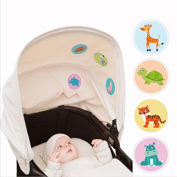 6 St. Tiere Nr2 - ORIGINAL, Beruhigende Aufkleber f. Unterwegs im Kinderwagen, Kindersitz oder Babybett. Textilaufkleber/Sticker Geschenk