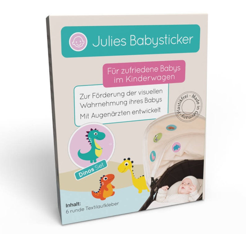 Julies Babysticker-ORIGINAL. 6x Dinos .Beruhigende Aufkleber f. Unterwegs im Kinderwagen, Kindersitz oder Babybett. Erstausstattung Textil Bild 8