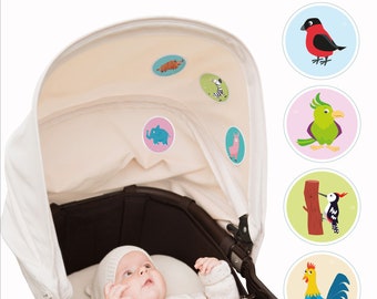 Julies Babysticker -ORIGINAL. 6x Vögel. Beruhigende Aufkleber f. Unterwegs im Kinderwagen, Kindersitz oder Babybett. Textilaufkleber.Taufe