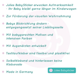 Julies Babysticker-ORIGINAL. 6x Dinos .Beruhigende Aufkleber f. Unterwegs im Kinderwagen, Kindersitz oder Babybett. Erstausstattung Textil Bild 7