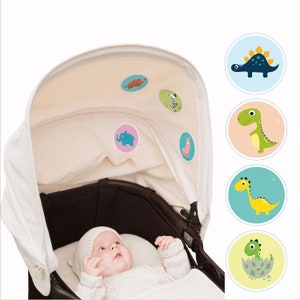 Julies Babysticker-ORIGINAL. 6x Dinos .Beruhigende Aufkleber f. Unterwegs im Kinderwagen, Kindersitz oder Babybett. Erstausstattung Textil Bild 1