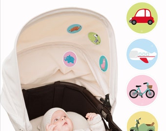 Julies Babysticker -ORIGINAL. 6x Mobil. Beruhigende Aufkleber f. Unterwegs im Kinderwagen, Kindersitz, Babybett. Textilaufkleber.Babyförderu