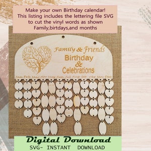 Calendario de cumpleaños de la familia SVG, SVG Digital Dowland, Cricut Cut File, Celebraciones familiares instantáneas de Dowland