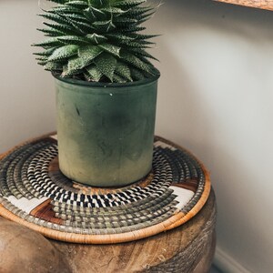 May include: A green potted succulent plant with spiky leaves sits on a woven round mat with black and white stripes. The mat is on top of a wooden stool.