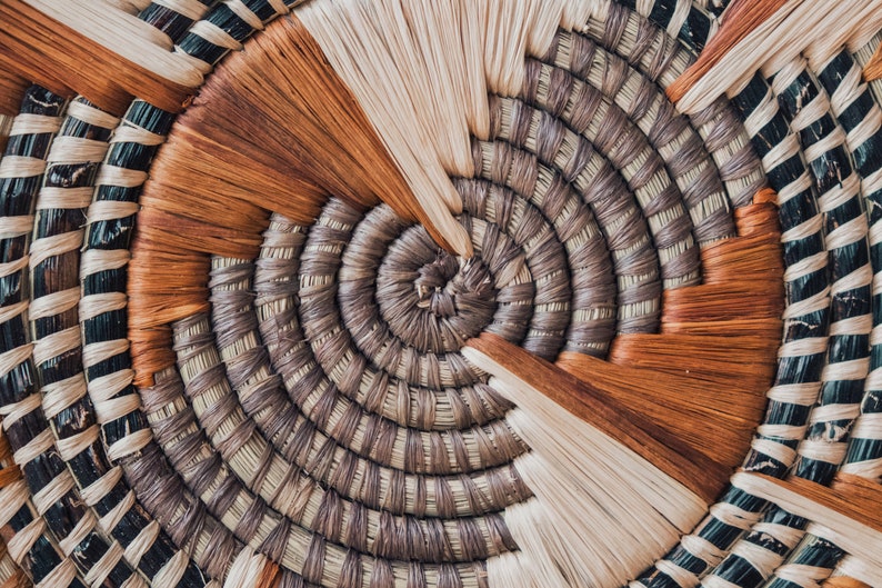 May include: Close-up of a woven basket with a circular pattern. The basket is made of natural materials in shades of brown, beige, and black.