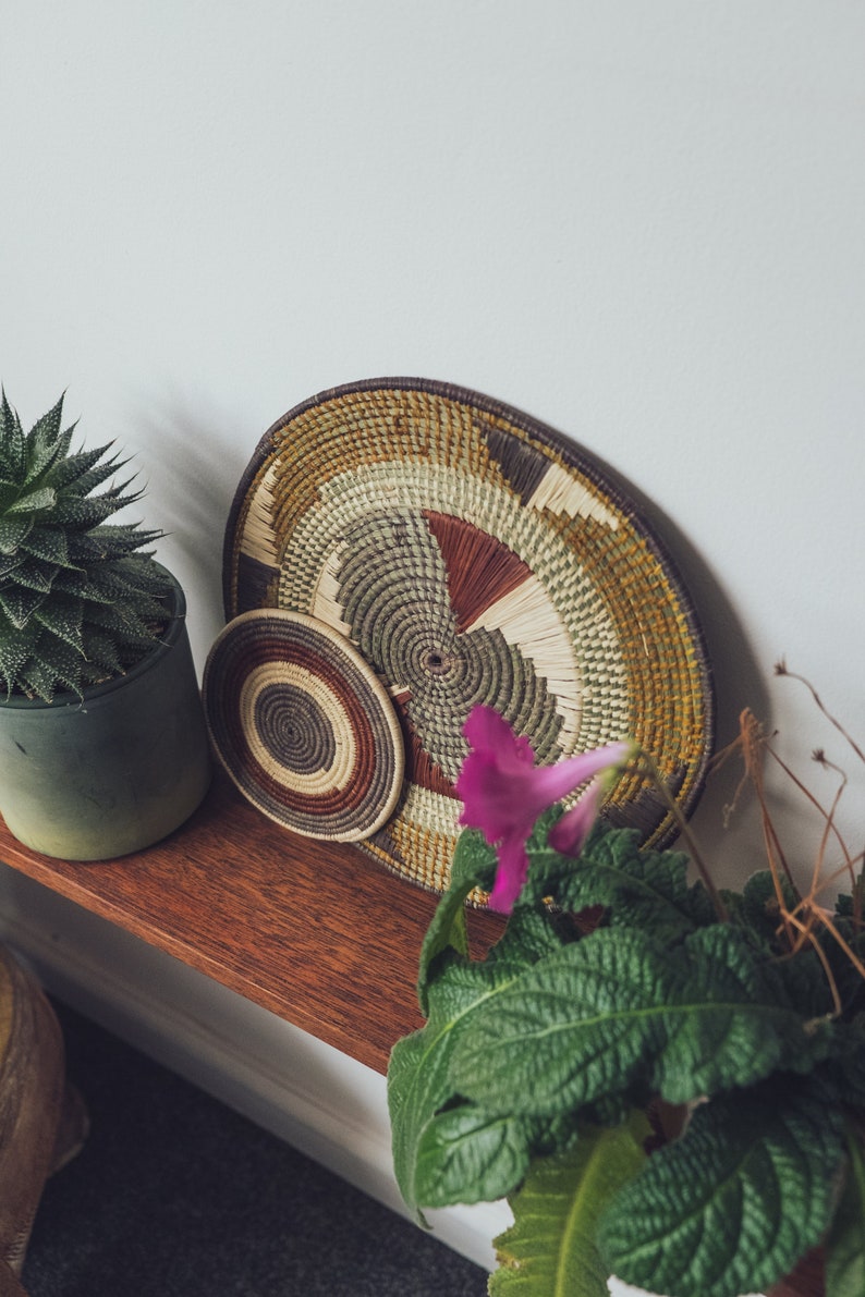 May include: Two woven wall baskets with a natural brown, green, and white pattern. The larger basket is hanging on a wall, and the smaller basket is sitting on a wooden shelf. A green plant with a pink flower is in the foreground.