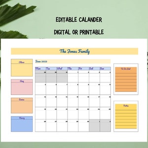 Calendar EDITABLE and Customisable Template, Monthly Calendar, Diary, flexibility, family time, planning, holidays