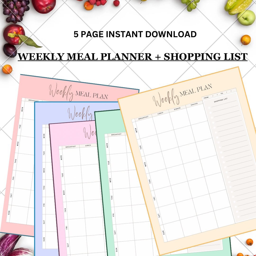 Weekly Meal Planner Printable: Food Diary, Grocery List (digital ...