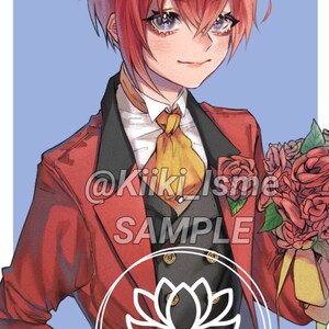 Puede incluir: Un hombre con cabello rojo y una chaqueta roja sostiene un ramo de rosas rojas. Lleva una camisa blanca con una corbata amarilla y un chaleco negro. El texto "@Kiki_Isme SAMPLE" es visible en la imagen. La imagen tambi&eacute;n incluye un logotipo con una flor de loto y el texto "ArtCircleR".