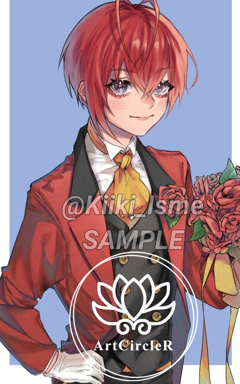 Puede incluir: Un hombre con cabello rojo y una chaqueta roja sostiene un ramo de rosas rojas. Lleva una camisa blanca con una corbata amarilla y un chaleco negro. El texto "@Kiki_Isme SAMPLE" es visible en la imagen. La imagen tambi&eacute;n incluye un logotipo con una flor de loto y el texto "ArtCircleR".