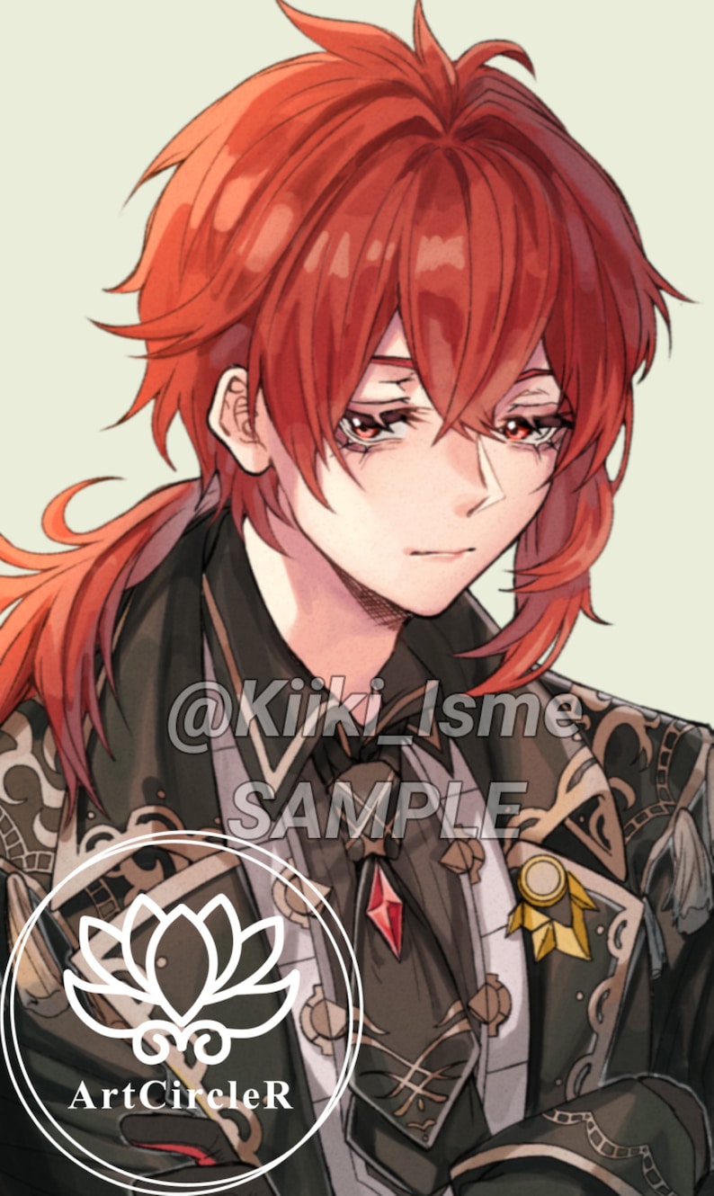 Puede incluir: Una ilustraci&oacute;n digital de un joven con el pelo largo y rojo recogido en una coleta. Lleva una chaqueta con estampado negro y dorado con una gema roja en la corbata. El texto "@Kiki_Isme SAMPLE" es visible en la imagen.