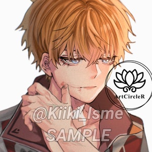 Puede incluir: Una ilustraci&oacute;n digital de un joven con cabello rubio y ojos azules. Lleva una chaqueta roja y blanca y tiene un peque&ntilde;o corte en la mejilla. El texto "@Kiiki_Isme SAMPLE" es visible en la imagen.