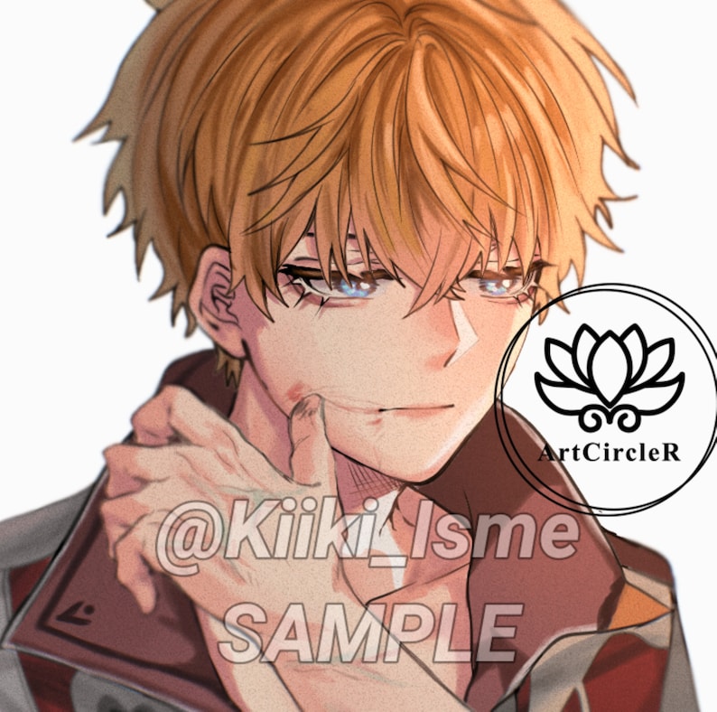 Puede incluir: Una ilustraci&oacute;n digital de un joven con cabello rubio y ojos azules. Lleva una chaqueta roja y blanca y tiene un peque&ntilde;o corte en la mejilla. El texto "@Kiiki_Isme SAMPLE" es visible en la imagen.