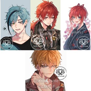 Puede incluir: Cuatro ilustraciones digitales de personajes de estilo anime con diferentes colores y estilos de cabello. Cada personaje tiene una expresi&oacute;n diferente y lleva ropa diferente. El texto "@Kiiki_Isme SAMPLE" aparece en la parte inferior de cada imagen.