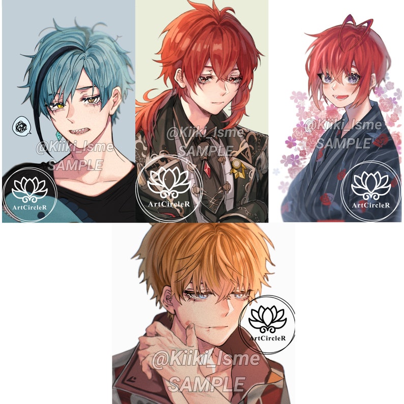Puede incluir: Cuatro ilustraciones digitales de personajes de estilo anime con diferentes colores y estilos de cabello. Cada personaje tiene una expresi&oacute;n diferente y lleva ropa diferente. El texto "@Kiiki_Isme SAMPLE" aparece en la parte inferior de cada imagen.