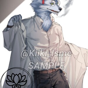 Puede incluir: Un personaje azul y blanco parecido a un lobo que lleva una camisa blanca, un cintur&oacute;n marr&oacute;n y pantalones oscuros. El personaje sostiene una chaqueta blanca y tiene un cigarrillo en la boca. El texto "@KiiKi_Isme SAMPLE" es visible en la imagen.