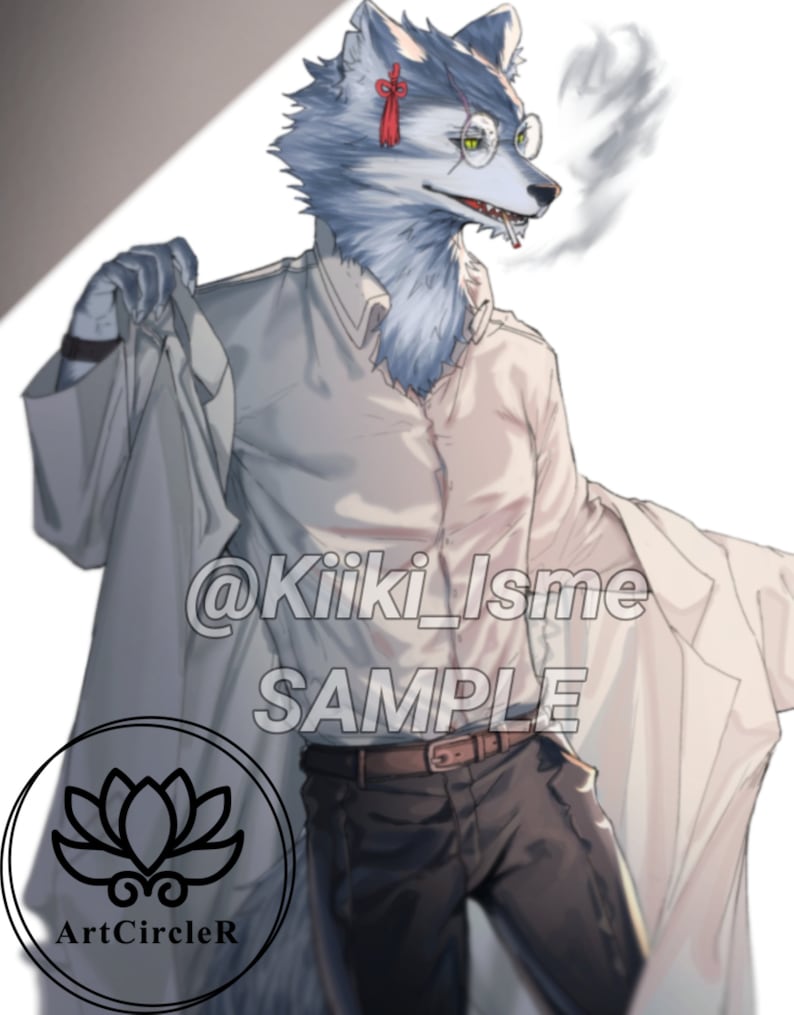 Puede incluir: Un personaje azul y blanco parecido a un lobo que lleva una camisa blanca, un cintur&oacute;n marr&oacute;n y pantalones oscuros. El personaje sostiene una chaqueta blanca y tiene un cigarrillo en la boca. El texto "@KiiKi_Isme SAMPLE" es visible en la imagen.