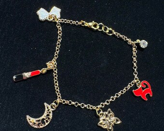 Taylor-inspired Charmed Bracelet | Gold-metal | 7.5 in | Bow | Red Lipstick | swifies | Midnights | TTPD