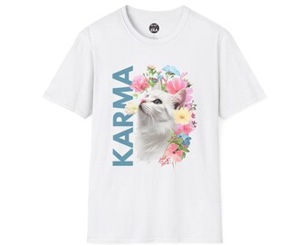 Karma is a Cat Flowers Tee, White Cat T-Shirt, Unisex Softstyle Shirt, Swifites, Eras, TayTay, Midnights, TTPD