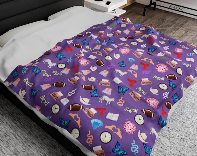 Featured listing image: Taylor-Inspired Velveteen Plush Blanket Ultra-Soft Throw for Fangirls and Fans in Light Pink, Grey, and Light Purple Gifts for her eras