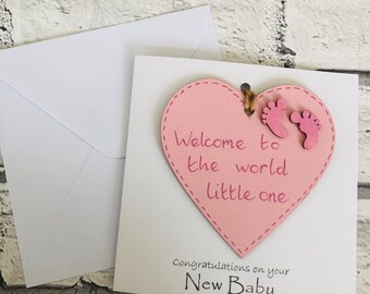 Welcome to the World Little One New Baby Handmade card with detachable pink hand painted heart keepsake  *personalisation available