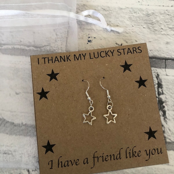 Handmade gift silver star earrings I thank My Lucky Stars I Have A Friend Like You / You are my Shining Star   *can be personalised