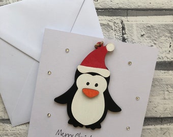 Hand painted wooden penguin Christmas Card with detachable keepsake *personalisation available *tree ornament