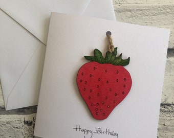 Happy Birthday Red Strawberry Handmade Card with Hand Painted Removable Wooden Keepsake