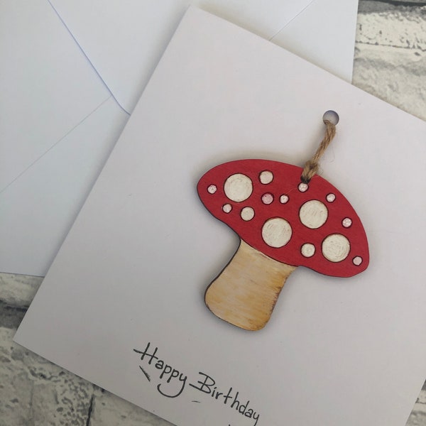 Adorable Happy Birthday Handmade Card with Hand painted and Varnished Wooden Toadstool Mushroom Keepsake