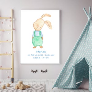 Cartel de nacimiento fechas de nacimiento personalizado nursery bunny boy deco nacimiento imagen A4 bautismo recordatorio nacimiento, regalo, nacimiento de idea de regalo