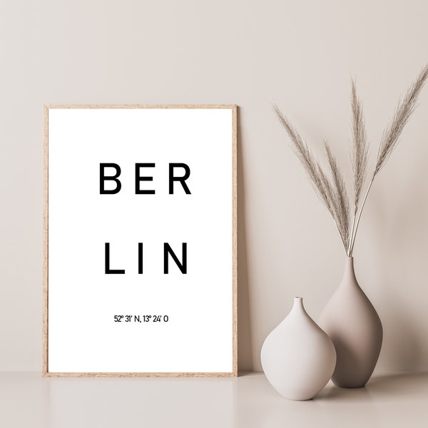 Poster BERLIN mit Koordinaten | sw | Wandbild, Print, Druck, Digitaldruck - Städteposter | Meine Stadt | Cityposter | Koordinaten