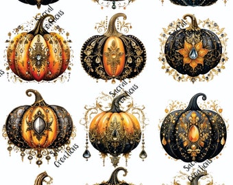 May include: Nine digital illustrations of ornate pumpkins with gold and black accents. The pumpkins are decorated with jewels and intricate patterns.
