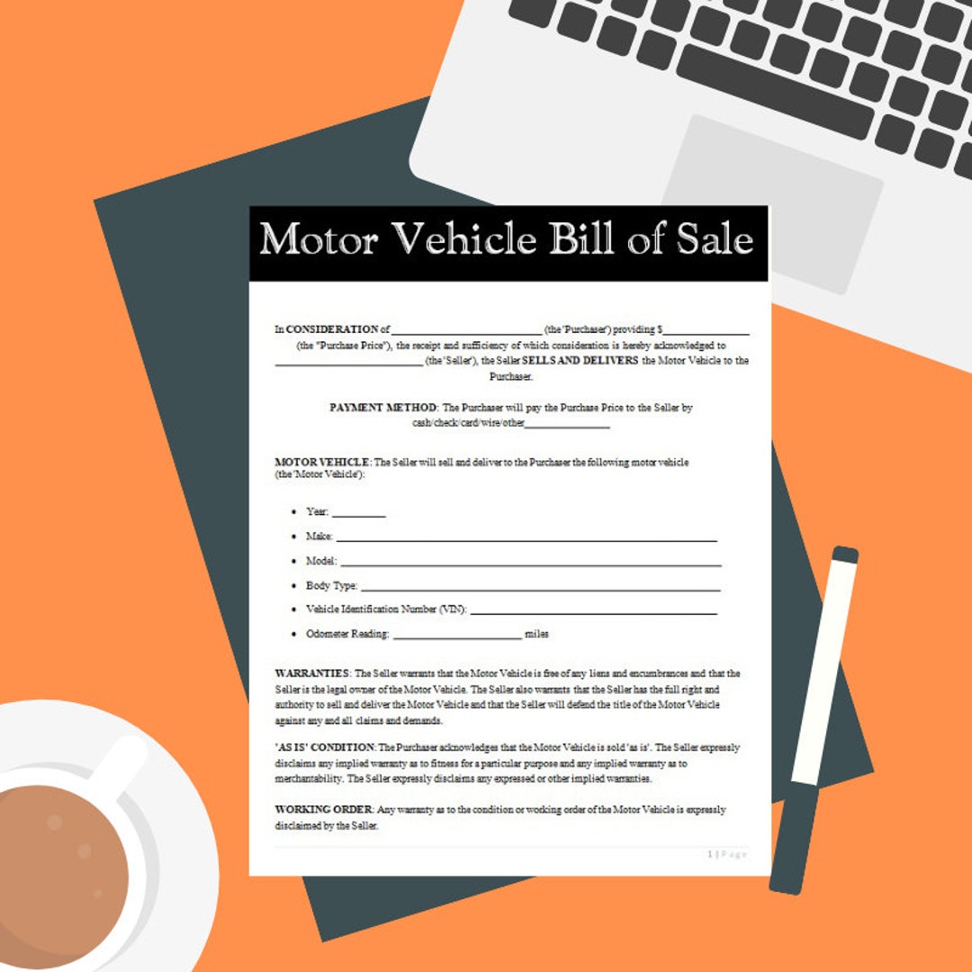 Motor Vehicle Bill of Sale - Etsy
