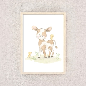 Children&#39;s picture cow farm download, gift watercolor poster, baby cow, picture farm animals, farm animals, calf, neutral, digital download