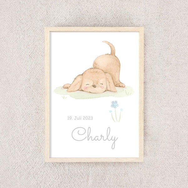 Kinderbild * Baby Hund * Aquarell Bild personalisiert, Poster Babyhund, Welpe, Geschenk Hund Erinnerung, Name, himm3lblau