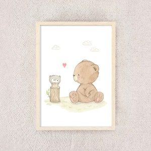 Bear and owl poster download, watercolor forest animals nursery picture, gift baby room neutral, woodland nursery wall art digital