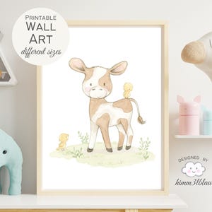 Cow Poster Farm Watercolor, Baby Cow Illustration Nursery, Farm Animal Wall Art Neutral, Gift Baby Room Digital Download