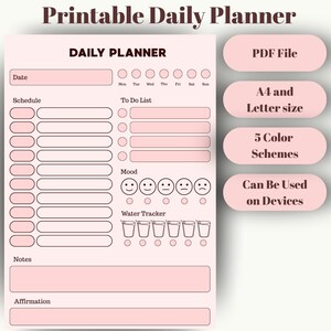 Könnte beinhalten: Ein druckbarer Tagesplaner in Rosa. Er enthält Abschnitte für Datum, Zeitplan, To-Do-Liste, Stimmungstracker, Wassertracker, Notizen und Affirmationen. PDF-Datei, A4- und Letter-Größe, 5 Farbschemata, kann auf Geräten verwendet werden. Der Text "Printable Daily Planner" ist oben.