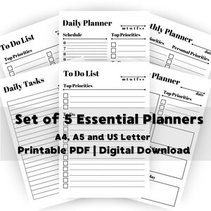Printable minimalistic planners set | Printable to-do list, monthly, weekly and daily planners | Print at home ADHD organizers and task list